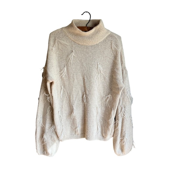 RP Rachel Parcell Womens Mock Neck Knit Sweater Feather Embellished Beige Size L - Picture 2 of 6